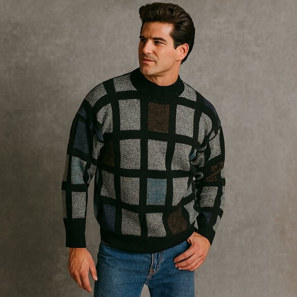 Lavane New York XL Black Gray Blue 80s Colorblock Geometric Sweater USA Made